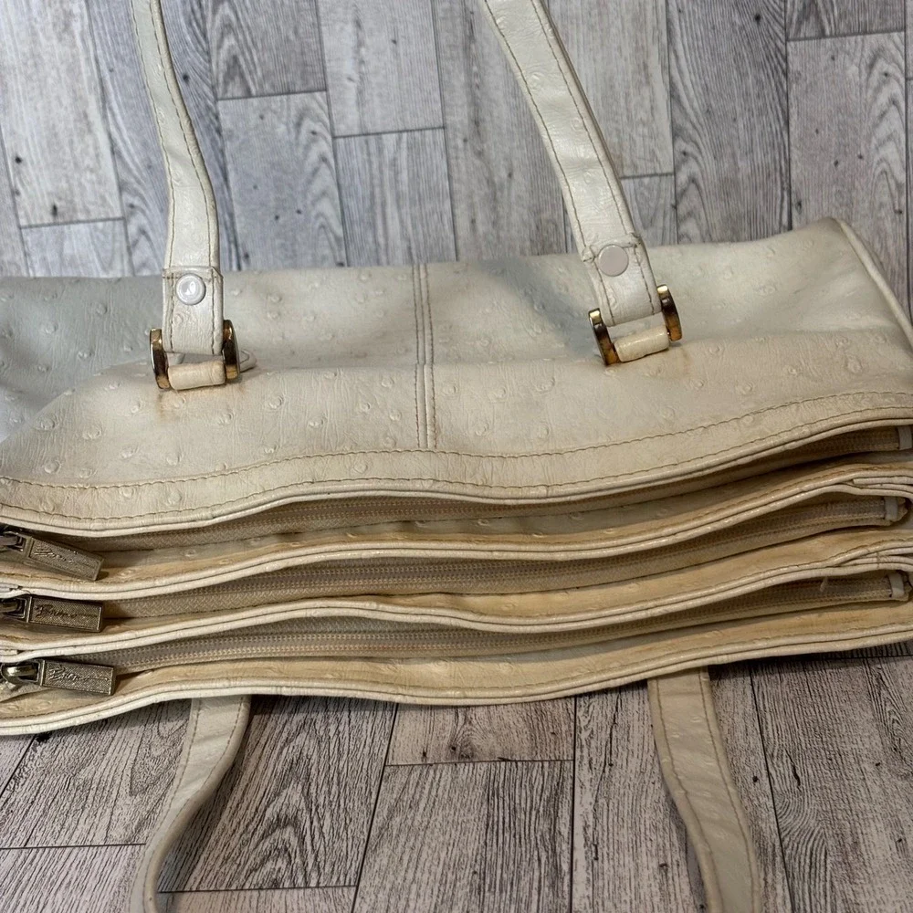 Bueno Vintage 70s Cream Faux Ostrich Leather Embossed Tote Handbag Satchel Purse